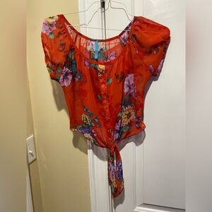 Floral Red Sheer Women's Top- Size Small